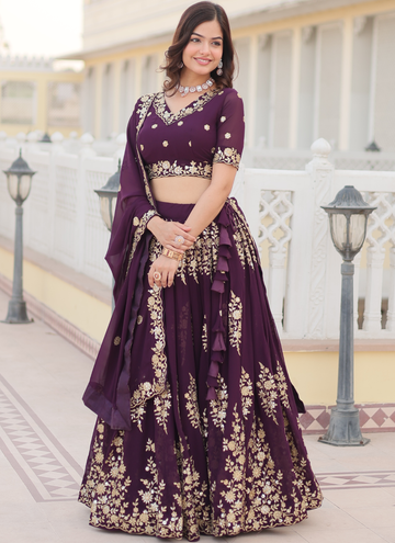 Embroidered Work Georgette Designer Purple Lehenga Choli For Wedding